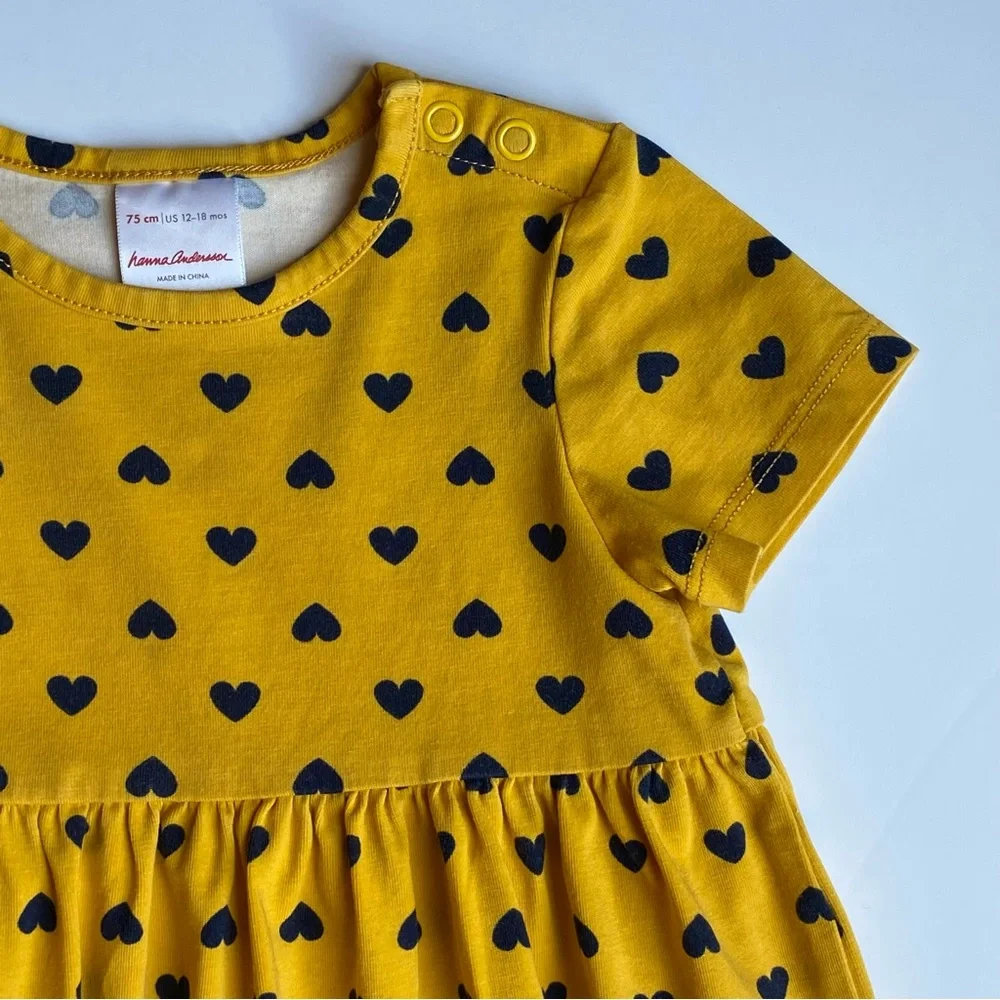 Hanna Andersson Dress Hearts Size 70 12 18 Months Yellow Blue Hearts Girls Soft